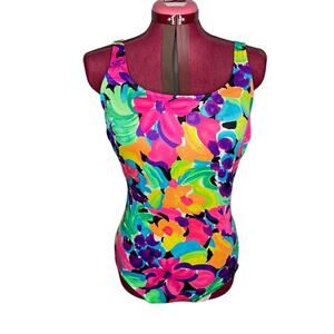 Lands end one piece swimsuit floral pink green orange bright